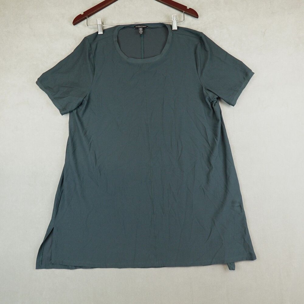 Eileen Fisher Top Crepe Tunic Green Size Large Short Sleeve Crew Neck Shirt